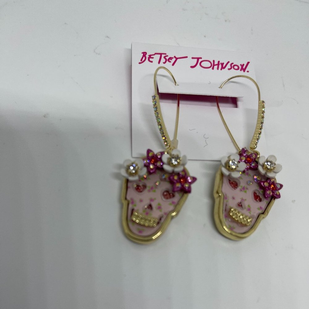 Betsey Johnson Floral Skull Dangle Earrings - Picture 3 of 3